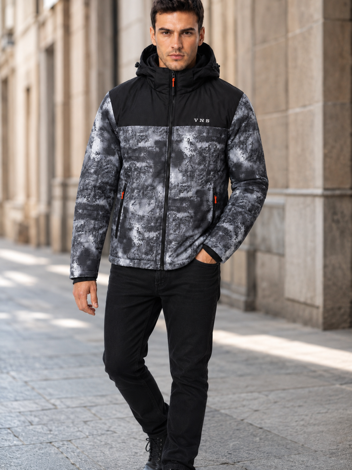 V528 V&S MENS WINTER JACKET BLACK PRINT
